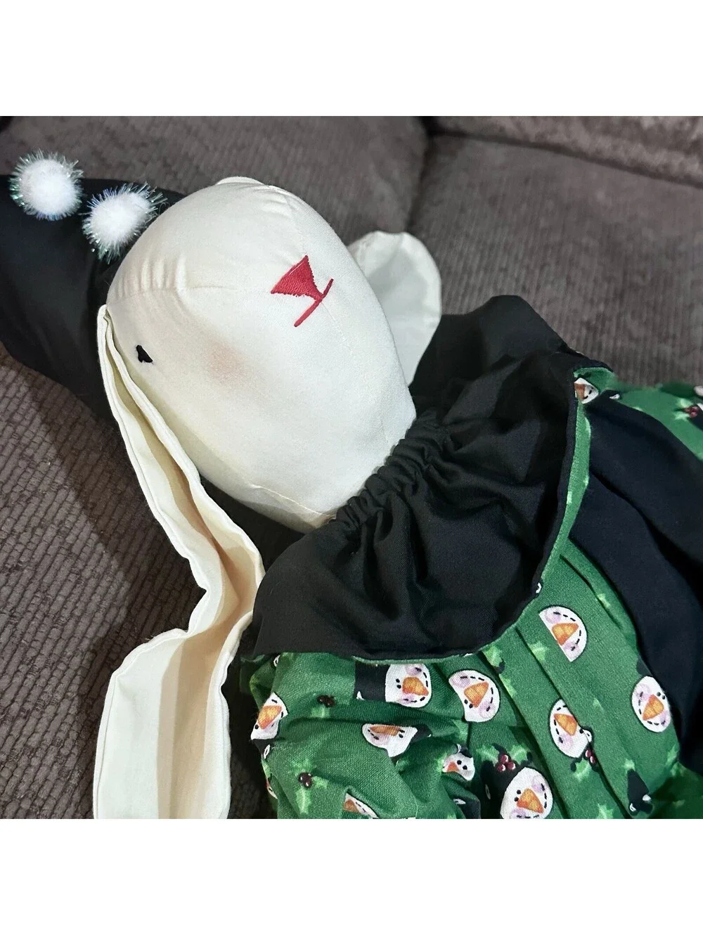 Vintage Floppy Ear Bunny Rabbit Stuffed Doll Christmas Fabric 14” Handmade